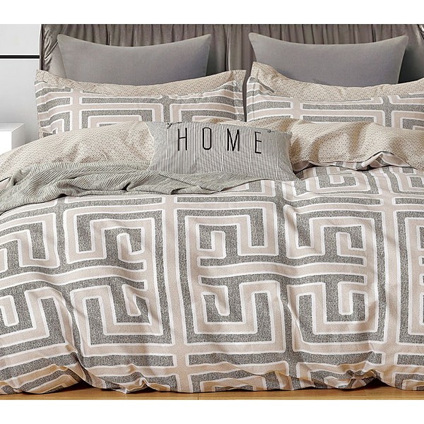 Бежево-серая абстракция лабиринта поплина с серовато-зеленоватым компаньоном