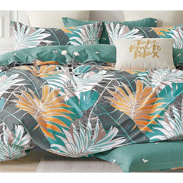 Серый поплин с разноцветными тропическими листьями и зеленым компаньоном