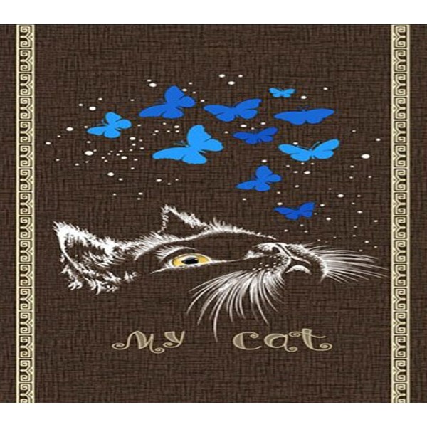 Расцветка полульняного полотенца коричневая с кошкой с голубыми бабочками