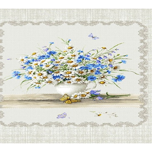 Расцветка полульняного полотенца светло-сероватая с сине-голубыми цветами и ромашками