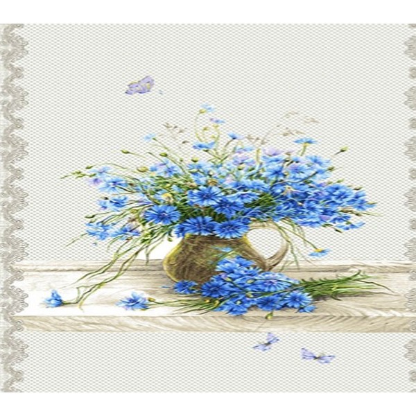 Расцветка полульняного полотенца светло-сероватая с голубыми цветами