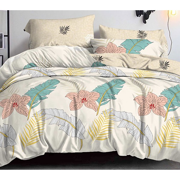 Постельное белье из бледно-желтоватого поплина с разноцветными листьями и светло-бежевым компаньоном