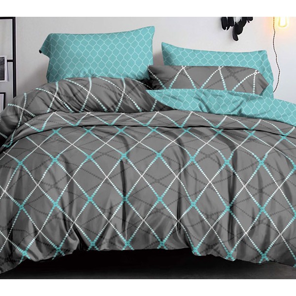 Темно-серый поплин с цветной абстракцией и постельно-бирюзовым компаньоном