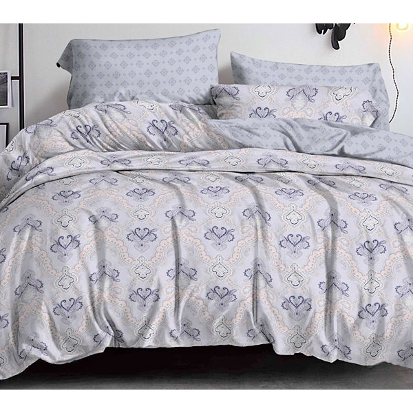 Светло-серый поплин с сине-бежевой абстракцией и компаньоном с орнаментом