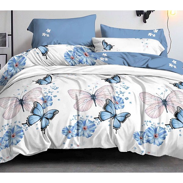 Белый поплин с синими бабочками и серовато-синим компаньоном