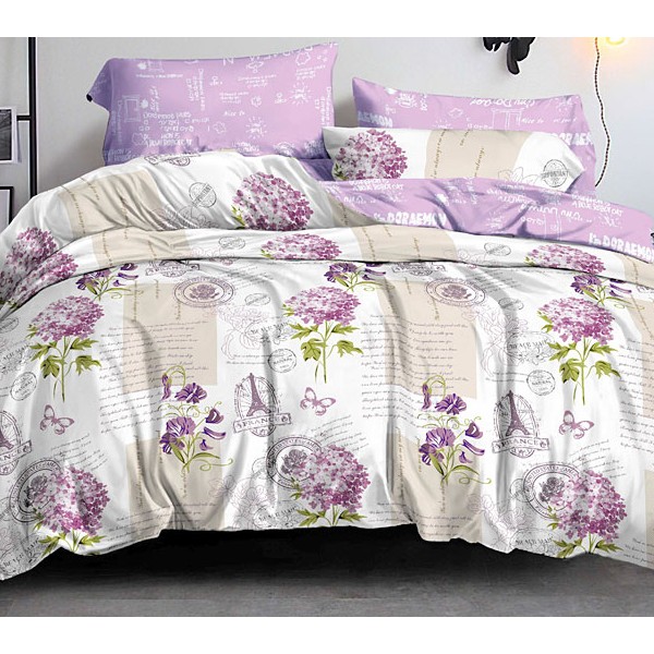 Светло-кремовый поплин с бело-фиолетовыми цветами и рисунками и светло-фиолетовым компаньоном