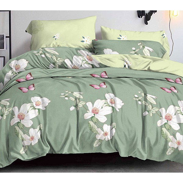 Зеленый поплин с белыми цветами со светло-зеленым компаньоном