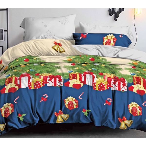 Бежевый с синим поплин с новогодними елками и светло серым компаньоном