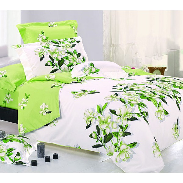 Белый поплин с бело-зелеными цветами и светло-зеленым компаньоном