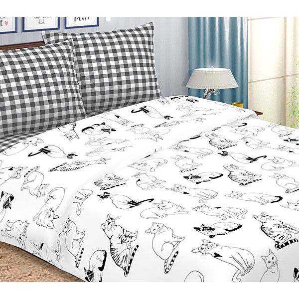 Белый поплин с черными кошками и черно-белый клетчатый компаньон