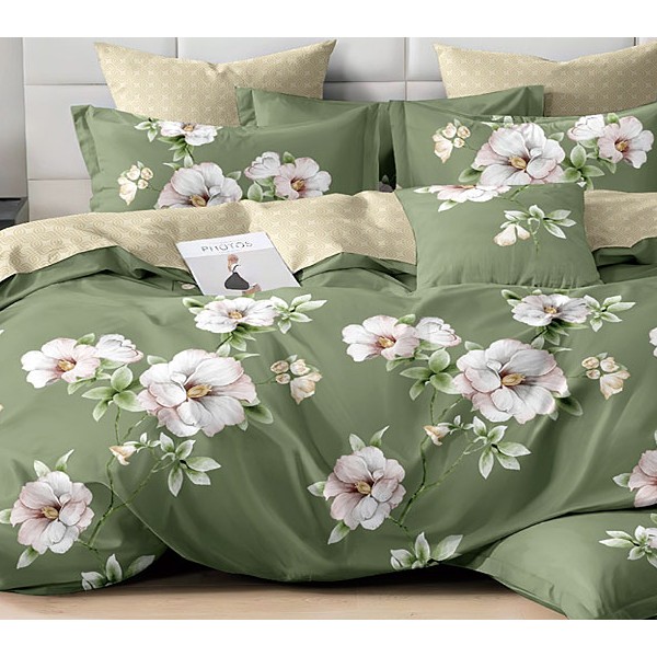 Зеленый поплин с большими белыми цветами и бежевым компаньоном