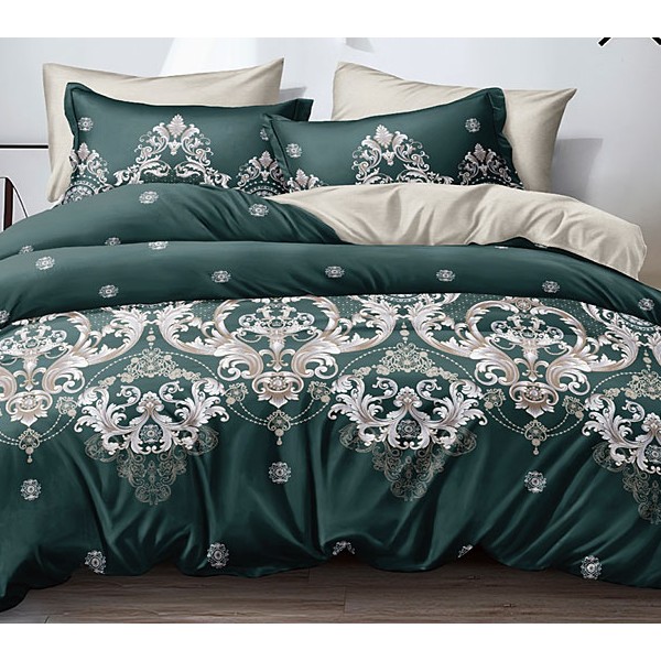 Темно-зеленый поплин с серебристыми узорами и однотонно-бежевым компаньоном