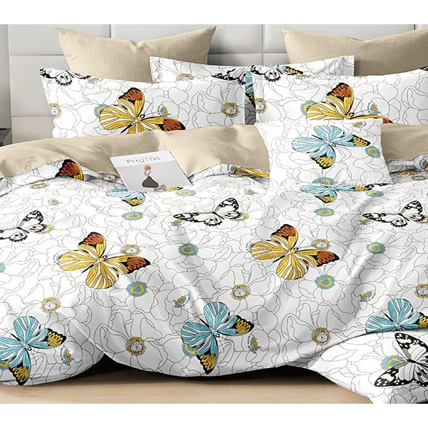 Белый поплин с разноцветными бабочками и однотонно-бежевым компаньоном