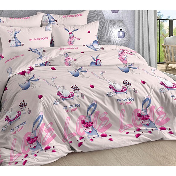 Бежевато-розоватый поплин с нарисованными влюбленными зайцами