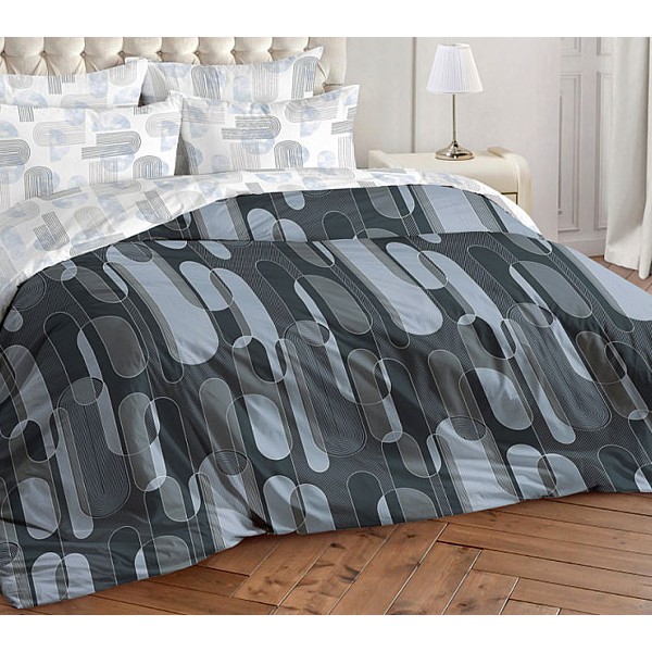 Темно-серый поплин с абстракцией из разноцветных овалов и белым компаньоном с овальной композицией