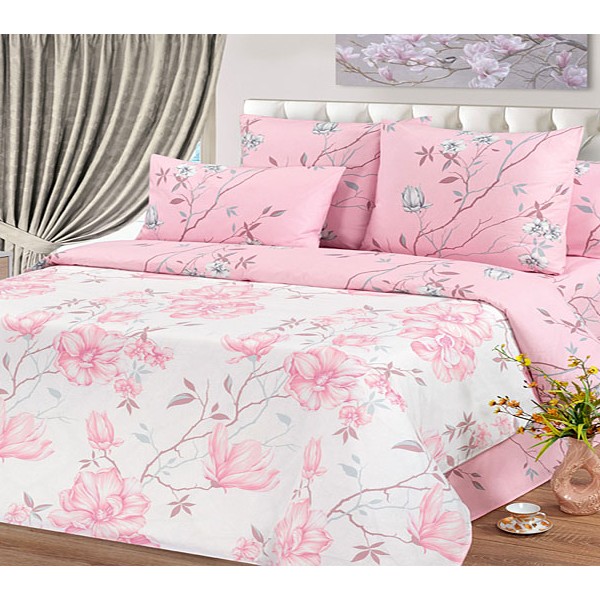 Белый поплин с розовыми цветами и розовым компаньоном с рисунками