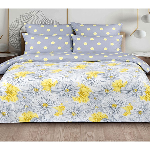 Бело-желтые цветы на поплине с серым компаньоном в желтый горох