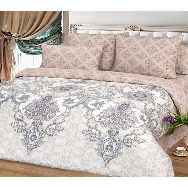 Бело-кремовый поплин с серыми орнаментами с бледно-песочным компаньоном с орнаментом