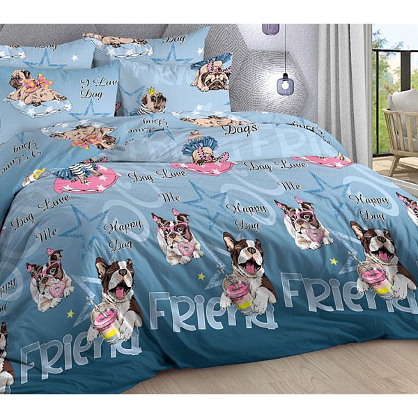 Светло-голубой поплин с переливом в темно-синий с счастливыми мопсами