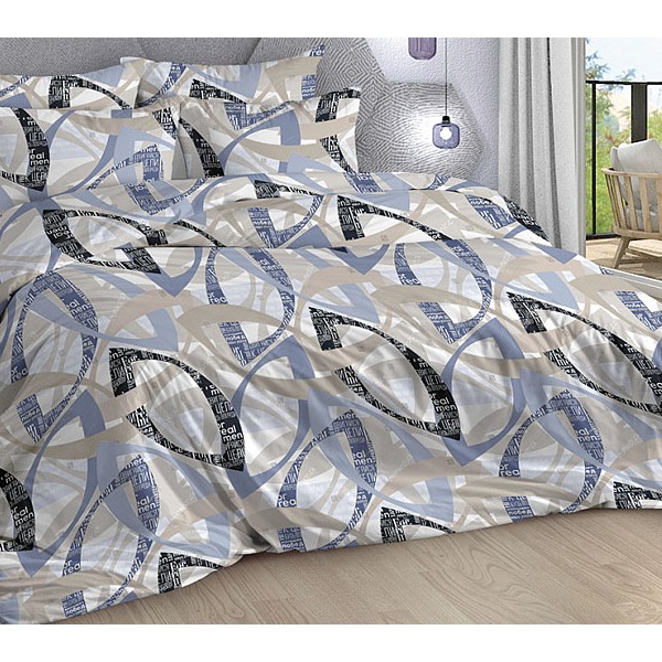 Серебристый поплин с черно-сине-бежевой абстракцией