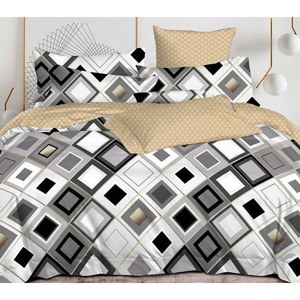 Белый сатин с серо-черной мозаичной квадратной абстракцией и песочно-бежевым компаньоном