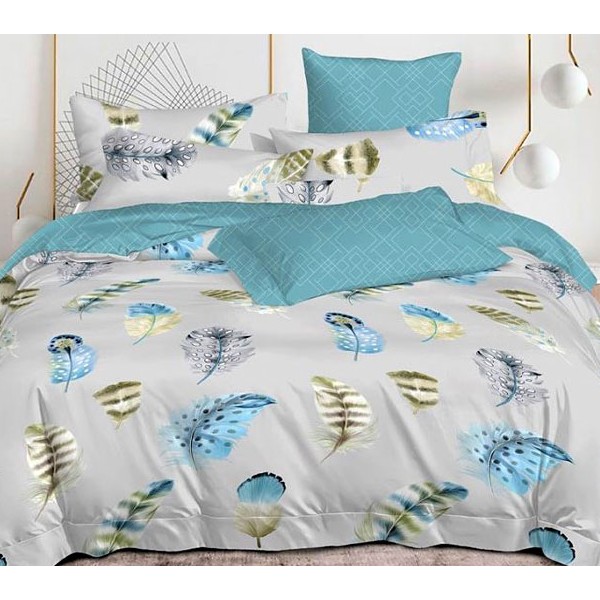 Серо-бежевый сатин с разноцветными перьями и зеленым компаньоном