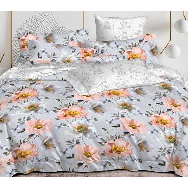 Светло-серый сатин с бледно-красноватыми цветами и светло-кремовым компаньоном