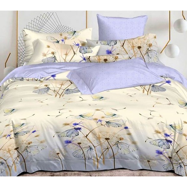 Светло-желтый сатин с одуванчиками и бабочками и светло-фиолетовым компаньоном