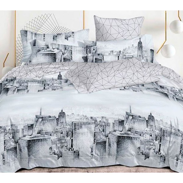 Светло-серый сатин с черно-серым изображением городской застройки и красновато-бежевым компаньоном