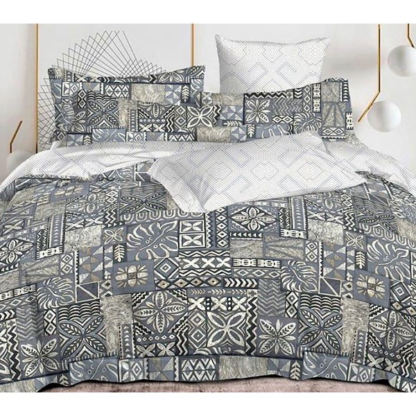 Серый сатин с разноцветной абстракцией и узорным компаньоном в полоску