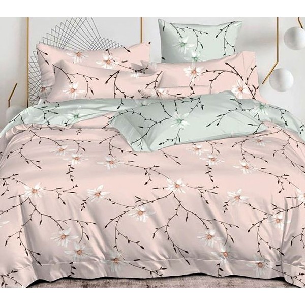 Бледно-розовый сатин с рисунками и светло-зеленым компаньоном