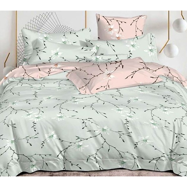 Светло-зеленый сатин с рисунками и бледно-розовым компаньоном