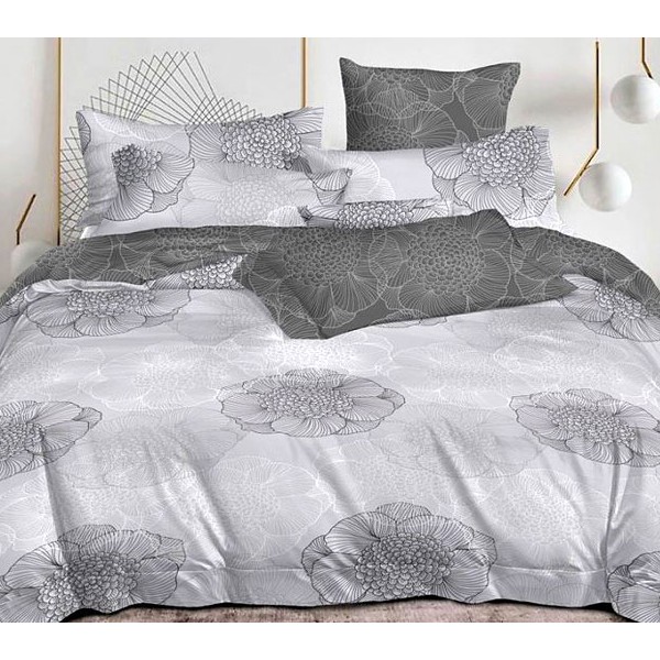 Светло-серый сатин с серыми цветами и темно-серым компаньоном