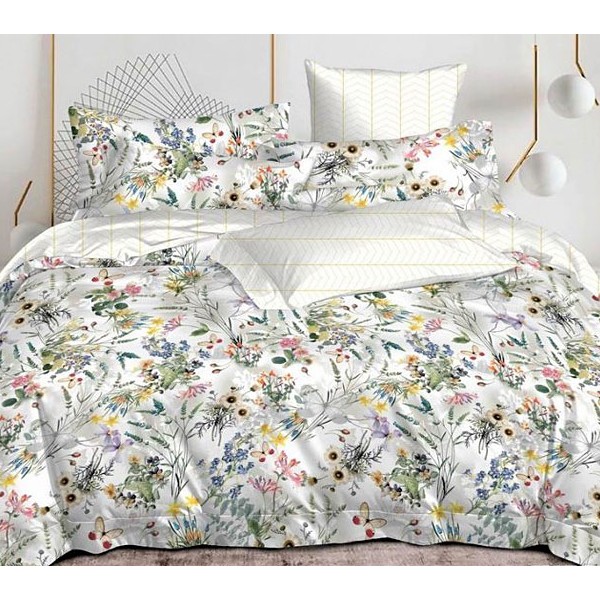 Белый сатин с разноцветными полевыми цветми и светло-бежевым компаньоном