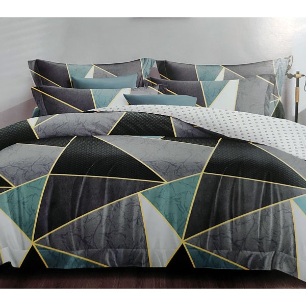 Комплект Зима-Лето из pелено-серо-черной абстракции поплина с желтыми полосами и белым компаньоном