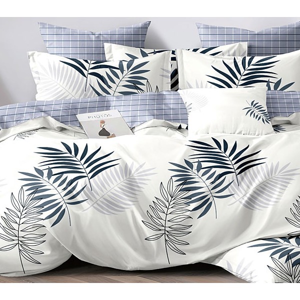 Молочно-белый поплин с синими листьями и синими компаньоном в клетку