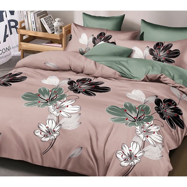 Бленый серовато-бордовый поплин с большими цветами и однотонно-зеленым компаньоном