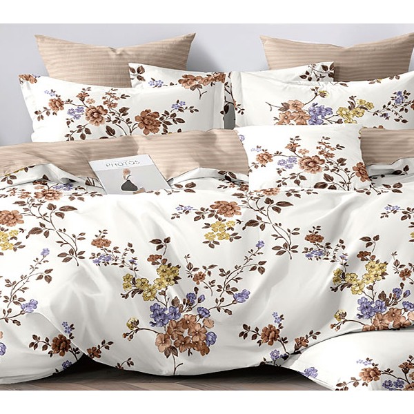 Белый поплин с разноцветными цветами со светло-коричневым компаньоном в полоску