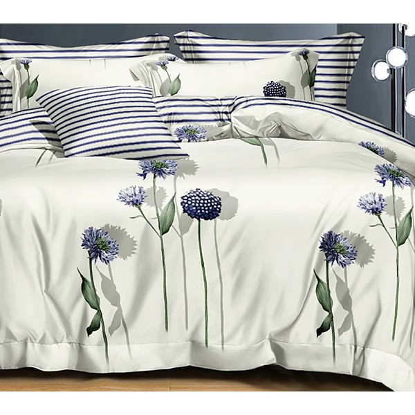 Бледно-желтоватый поплин с синими цветами и бело-синим полосатым компаньоном