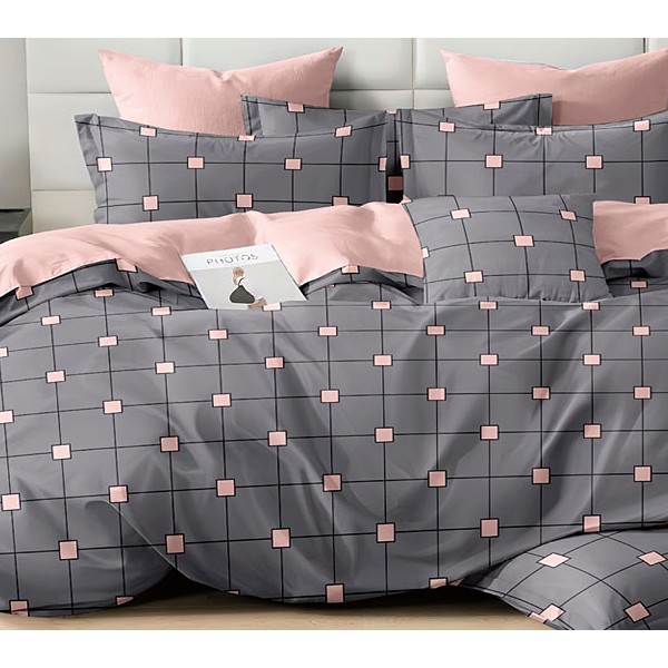 Темно-серый поплин с черно-розовой абстракцией и однотонно-розовым компаньоном