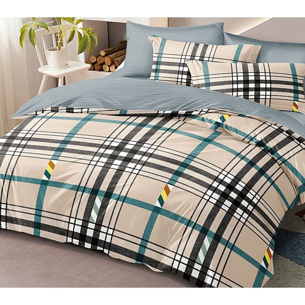 Бежевый поплин с зелеными и черными полосами и серым компаньоном