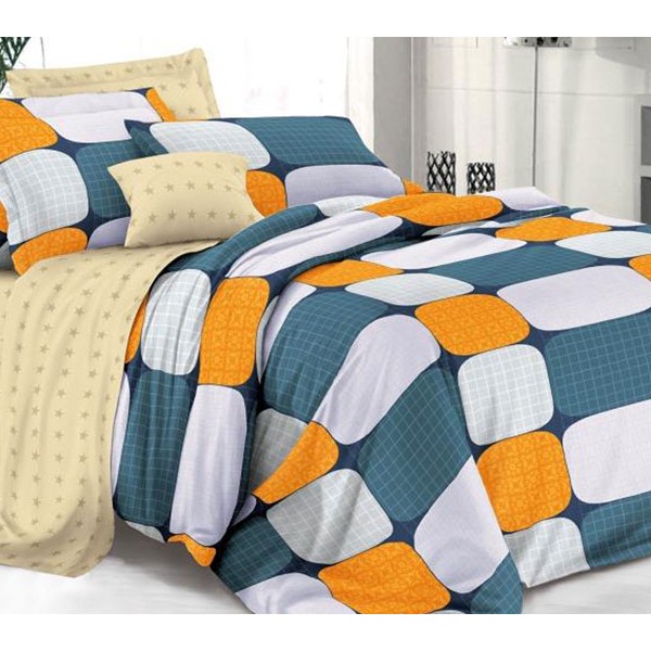 Серо-синий поплин Абсолют с оранжево-серой композицией и бледно-желтым компаньоном