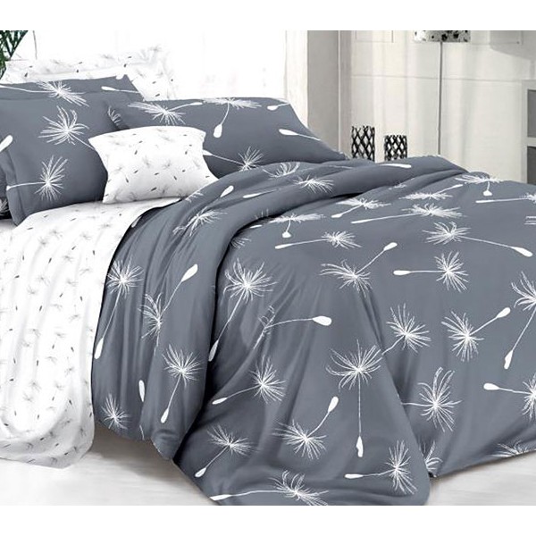 Серый поплин Пушинка с белыми одуванчиками и белым компаньоном