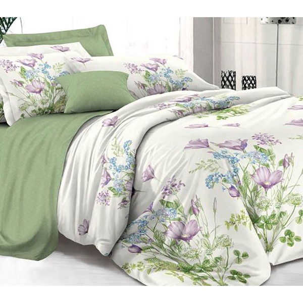 Белый поплин Фрея с фиолетовыми цветами и зеленым компаньоном