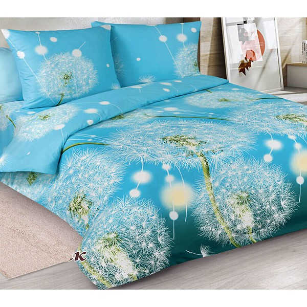 Голубая бязь эксклюзив Одуванчик с большими белыми одуванчиками