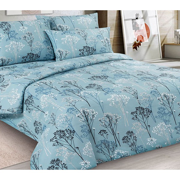 Светло-синяя бязь эксклюзив Вереск с черными и белыми ветками