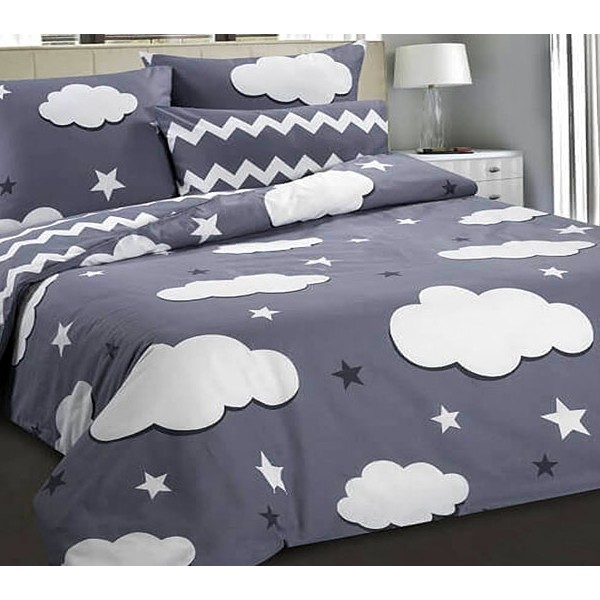 Темно-синяя бязь эксклюзив Генезис с белыми облаками и темно-синий с белым волнистым компаньоном