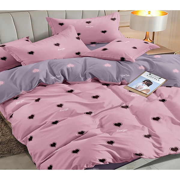 Розовый поплин с черными сердцами и бледно-серый компаньон с розовыми сердцами