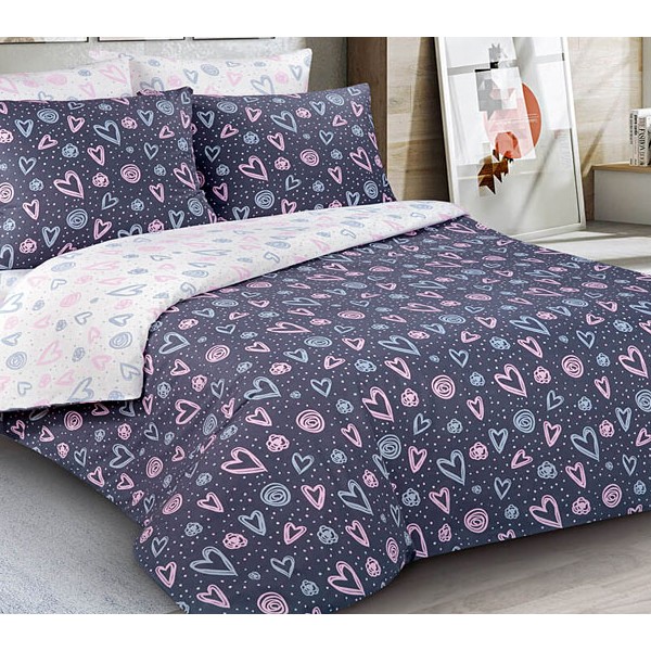 Темно-синяя бязь эксклюзив Тиамо с розовыми и серыми сердцами и белым компаньоном