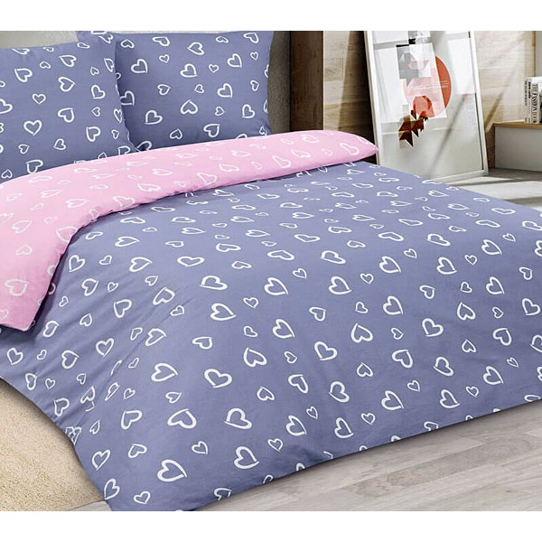 Сине-серая бязь эксклюзив Аморе с белыми сердцами и розовым компаньоном с белыми сердцами